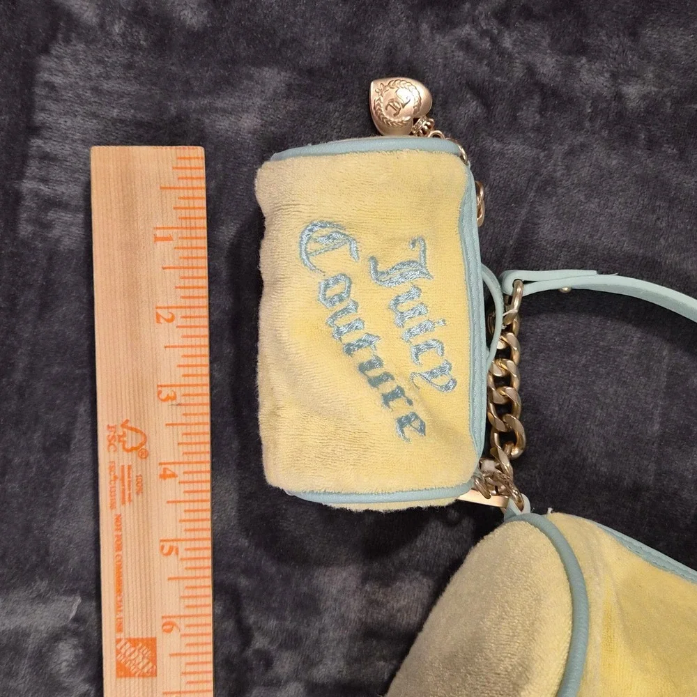 Juicy Couture Yellow Velour Barrel Bag with Mini Pouch Set Blue Trim Y2K Style